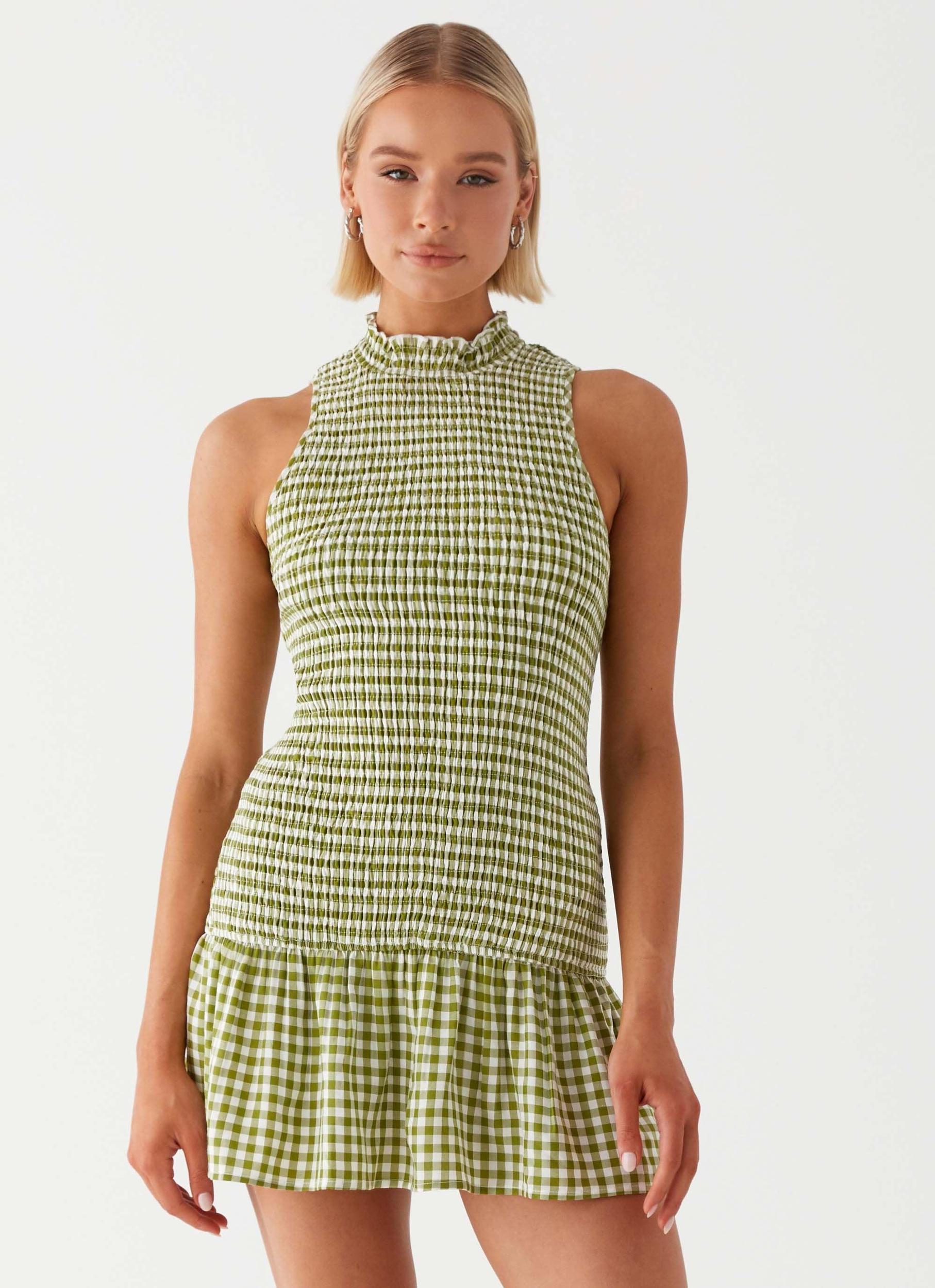 Cassie shirred Mini Dress - Khaki Gingham Product Image