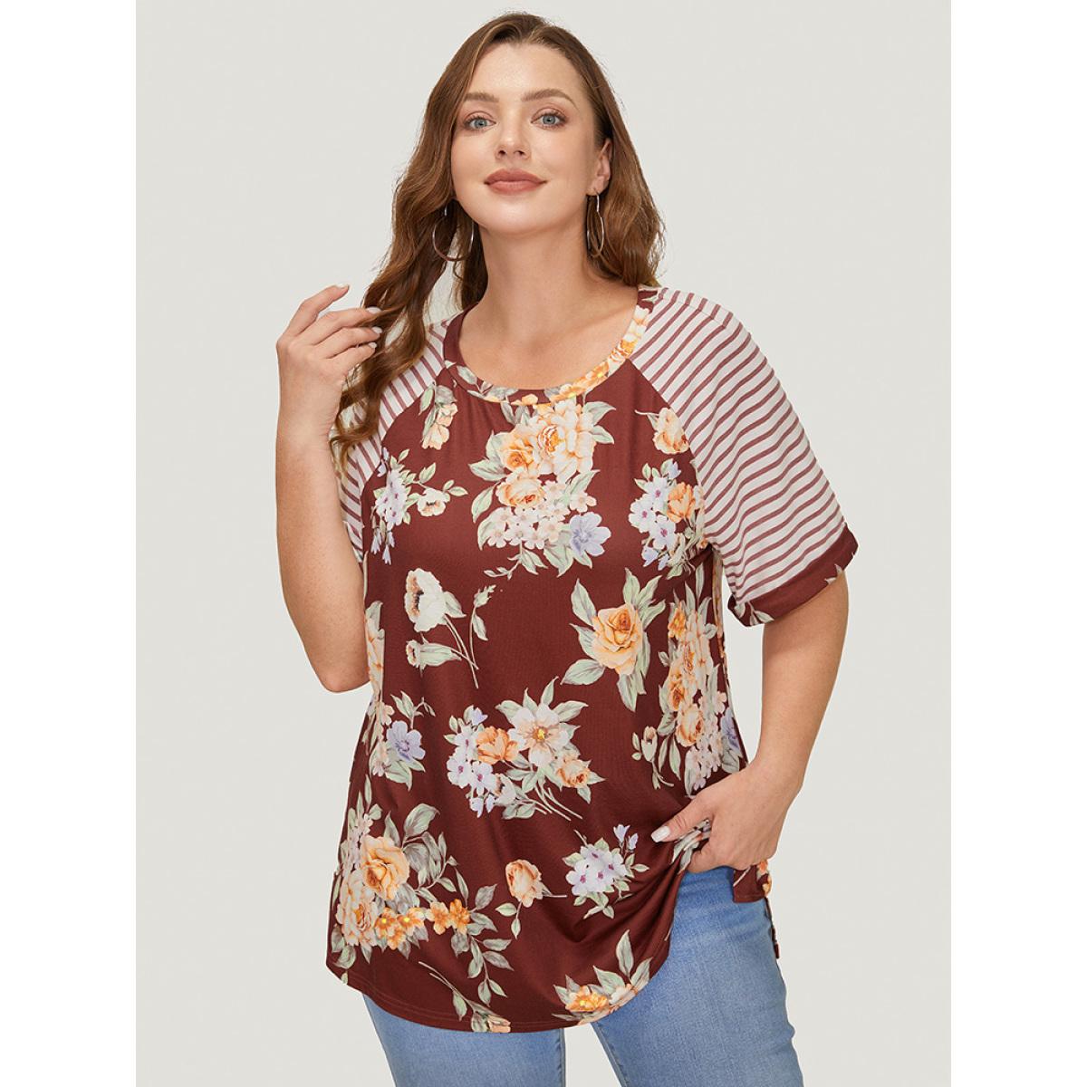 Plus Size Floral & Striped Print Patchwork Roll Raglan Sleeve T-shirt Burgundy Women Elegant Patchwork Striped Round Neck Dailywear T-shirts BloomChic 18-20/2X Product Image