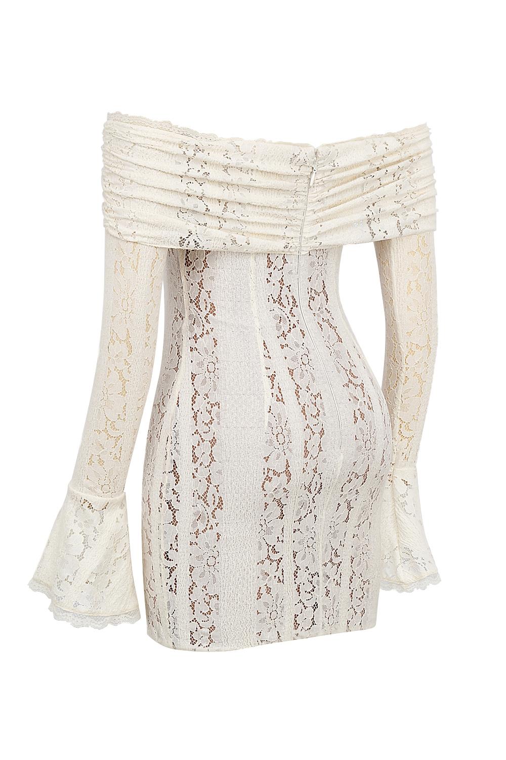 Sadie  vintage cream floral lace off shoulder mini dress Product Image