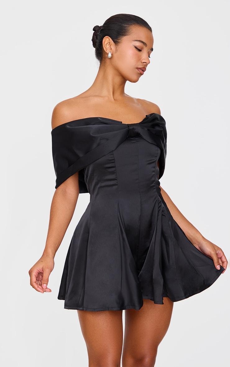 Premium Black Satin Extreme Bow Detail Romper Product Image