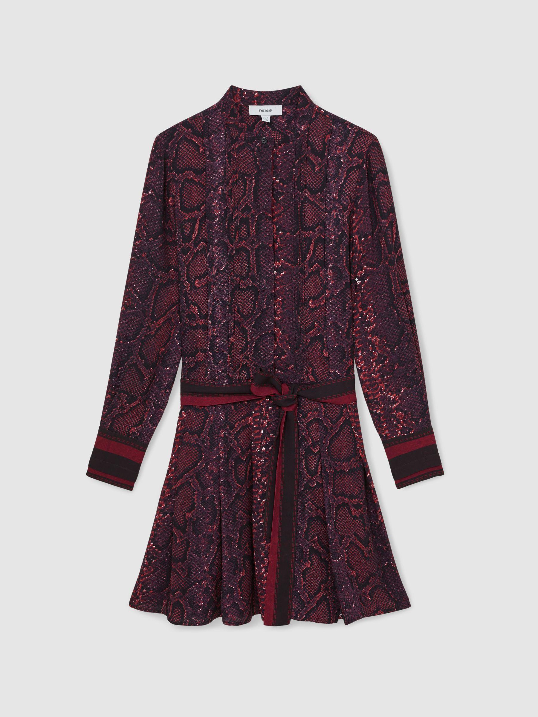 Snake-Print Belted Mini Dress in Burgundy/Black Product Image