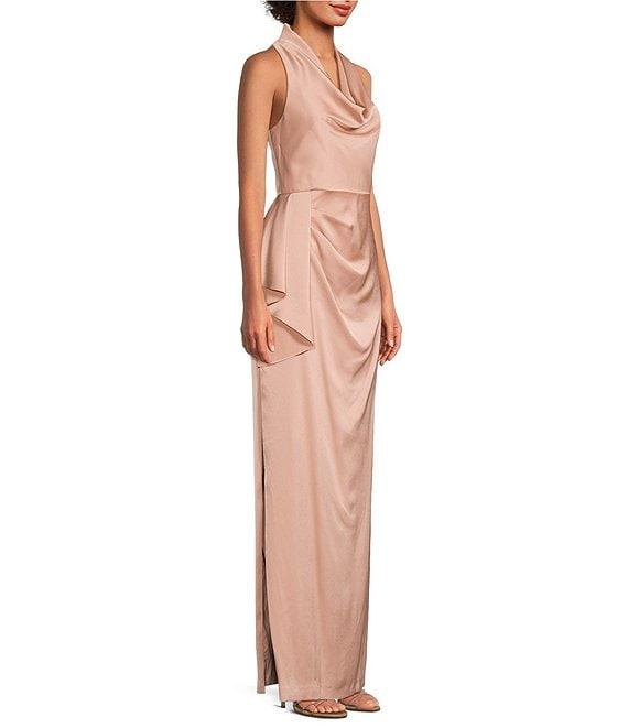 Aidan Mattox Satin Cowl Neck Sleeveless Side Ruffle Gown Product Image