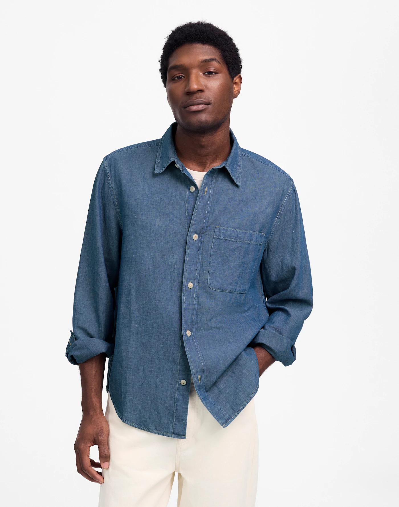 Chambray Button-Up Shirt in Cotton-Linen Blend Product Image