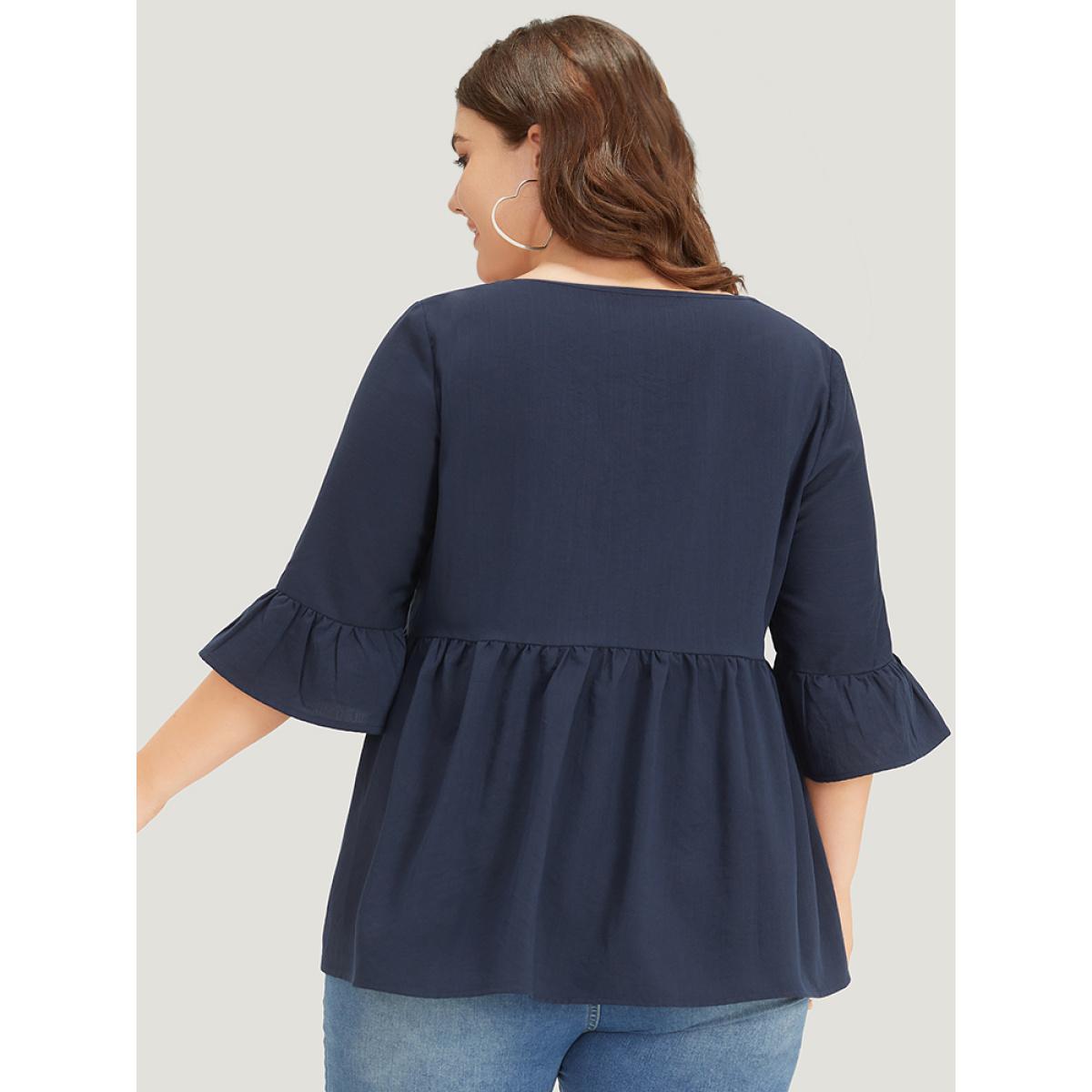 Plus Size Indigo Plain Lace Up Flutter Gathered Bell Sleeve Blouse Women Elegant Elbow-length sleeve Tie Neck Dailywear Blouses BloomChic 12/L Product Image