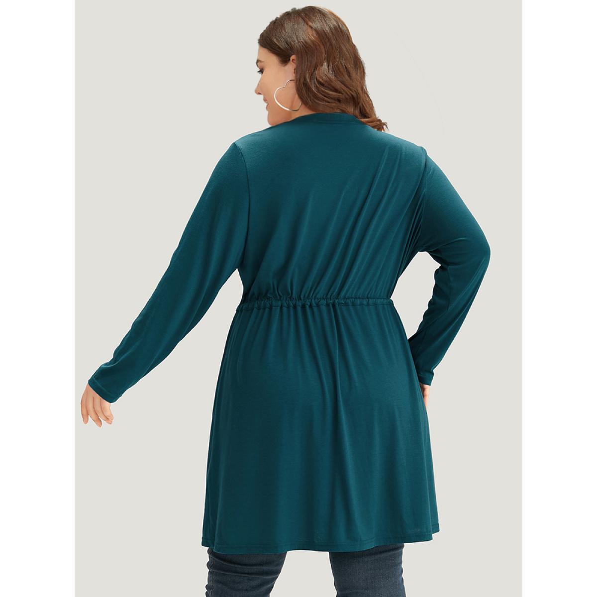 Plus Size Plain Drawstring Knot Open Front Coat Women Cyan Casual Plain Ladies Dailywear Winter Coats BloomChic 12/L Product Image