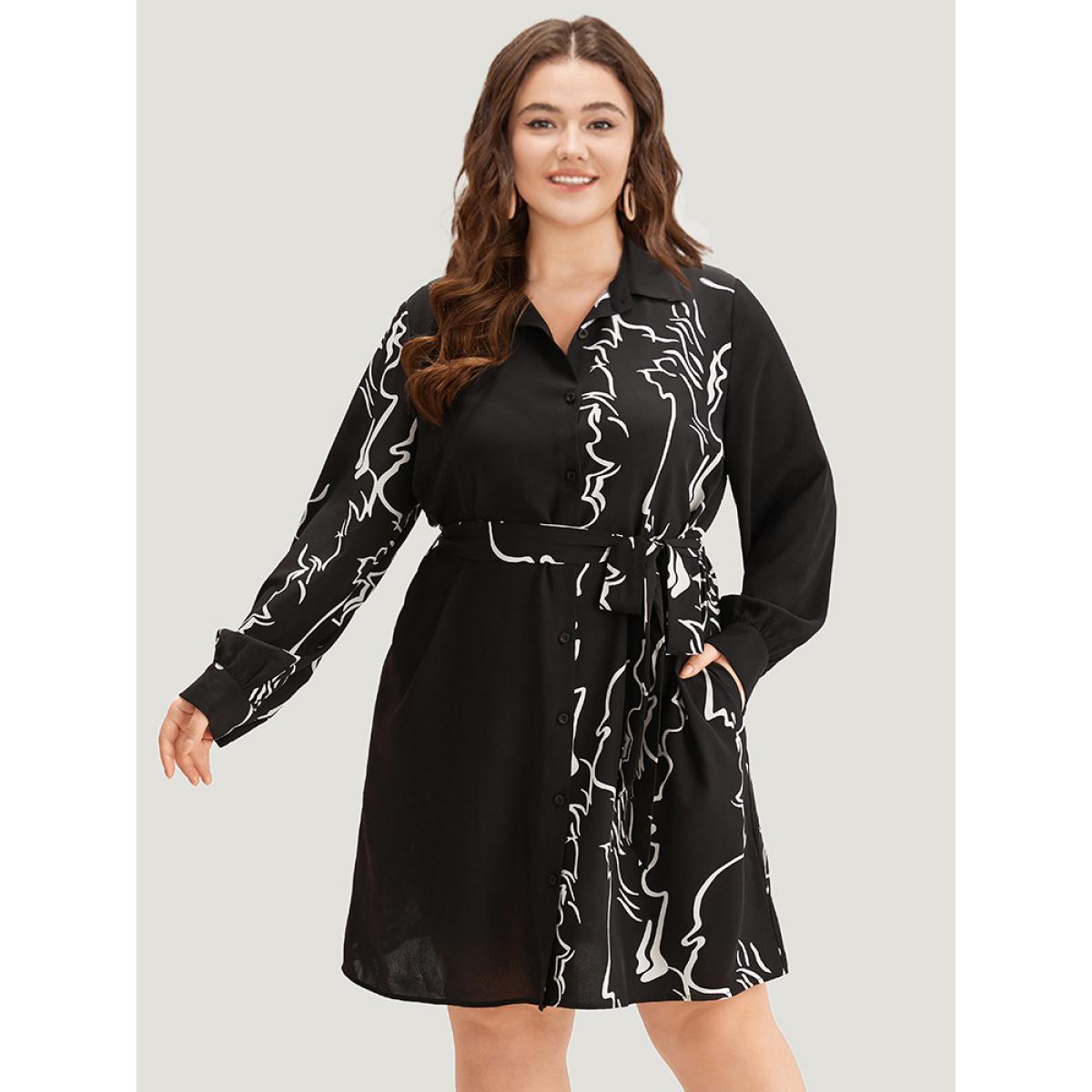 Plus Size Graphic Shirt Collar Pocket Button Through Belted Dress BlackFlower Women Office Belted Shirt collar Long Sleeve Curvy Knee Dress BloomChic 30/6X Product Image