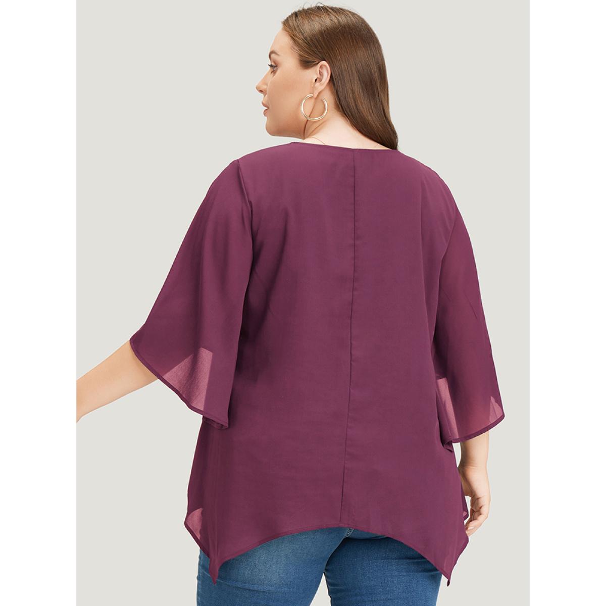 Plus Size Purple Plain Mesh Flutter Sleeve Hanky Hem Blouse Women Office Elbow-length sleeve Round Neck Dailywear Blouses BloomChic 12/L Product Image