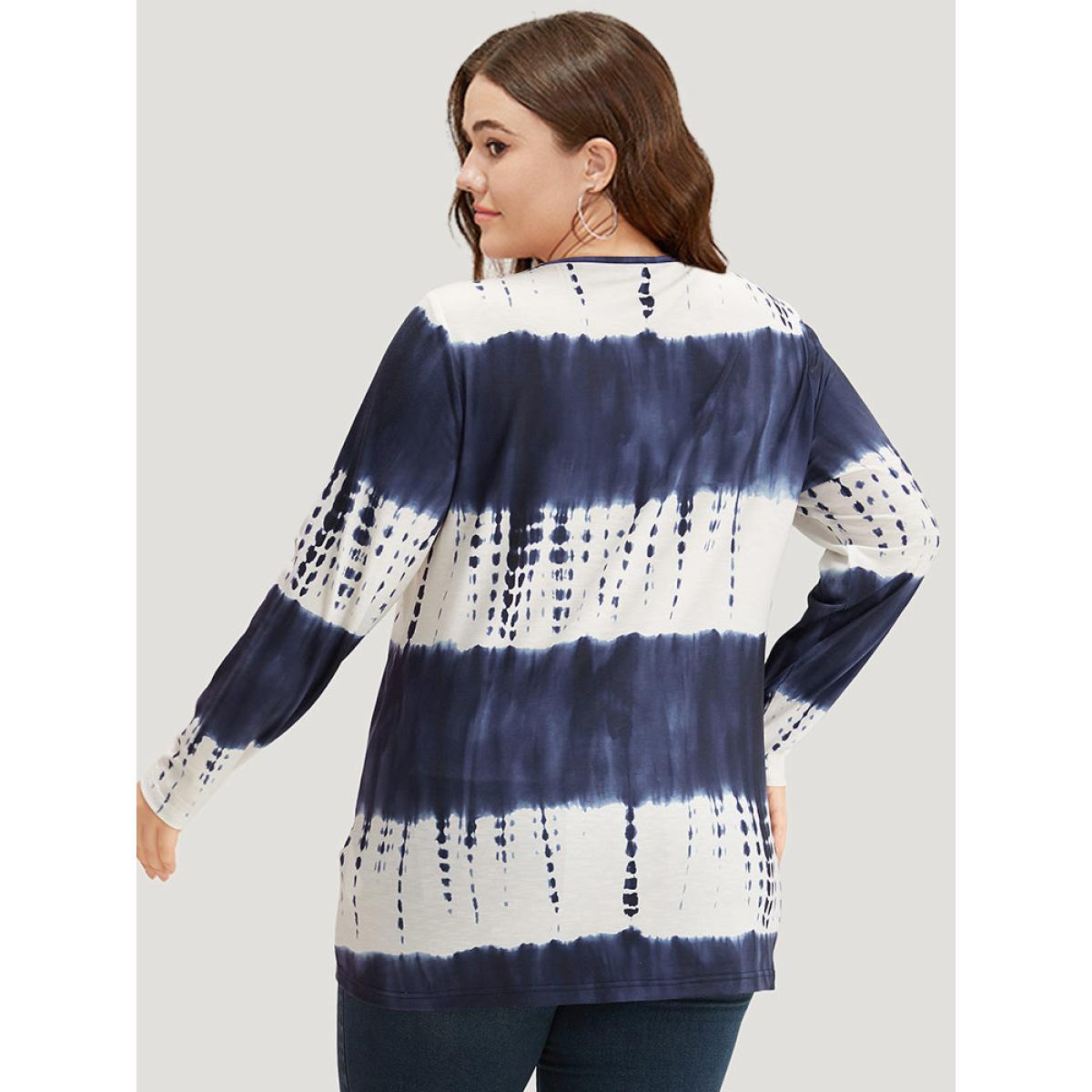 Plus Size Tie Dye V Neck Contrast T-shirt Indigo Women Casual Tie Dye Tie Dye V-neck Dailywear T-shirts BloomChic 22-24/3X Product Image