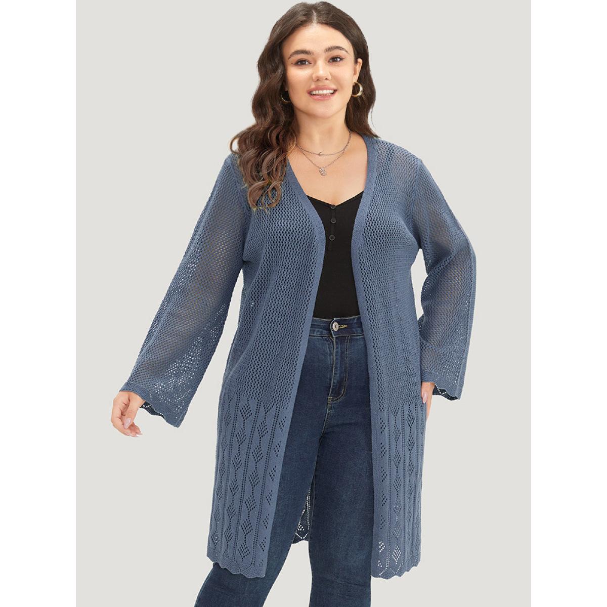 Plus Size Solid Geometric Eyelet Open Front Cardigan Aegean Women Casual Loose Long Sleeve Dailywear Cardigans BloomChic 12/L Product Image