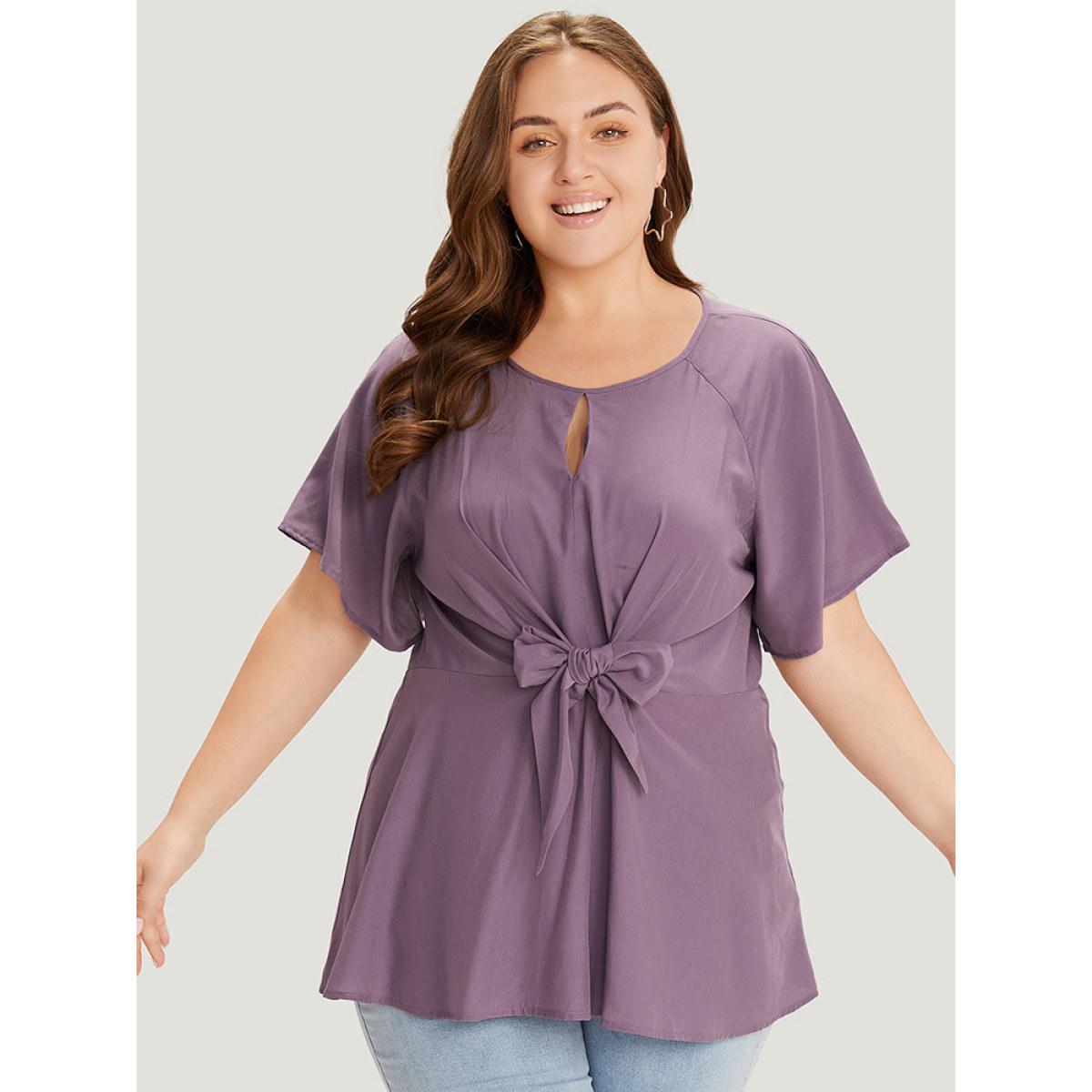 Plus Size Mauve Supersoft Essentials Plain Keyhole Twist Front Ruffle Blouse Women Elegant Short sleeve Round Neck Dailywear Blouses BloomChic 26/4X Product Image