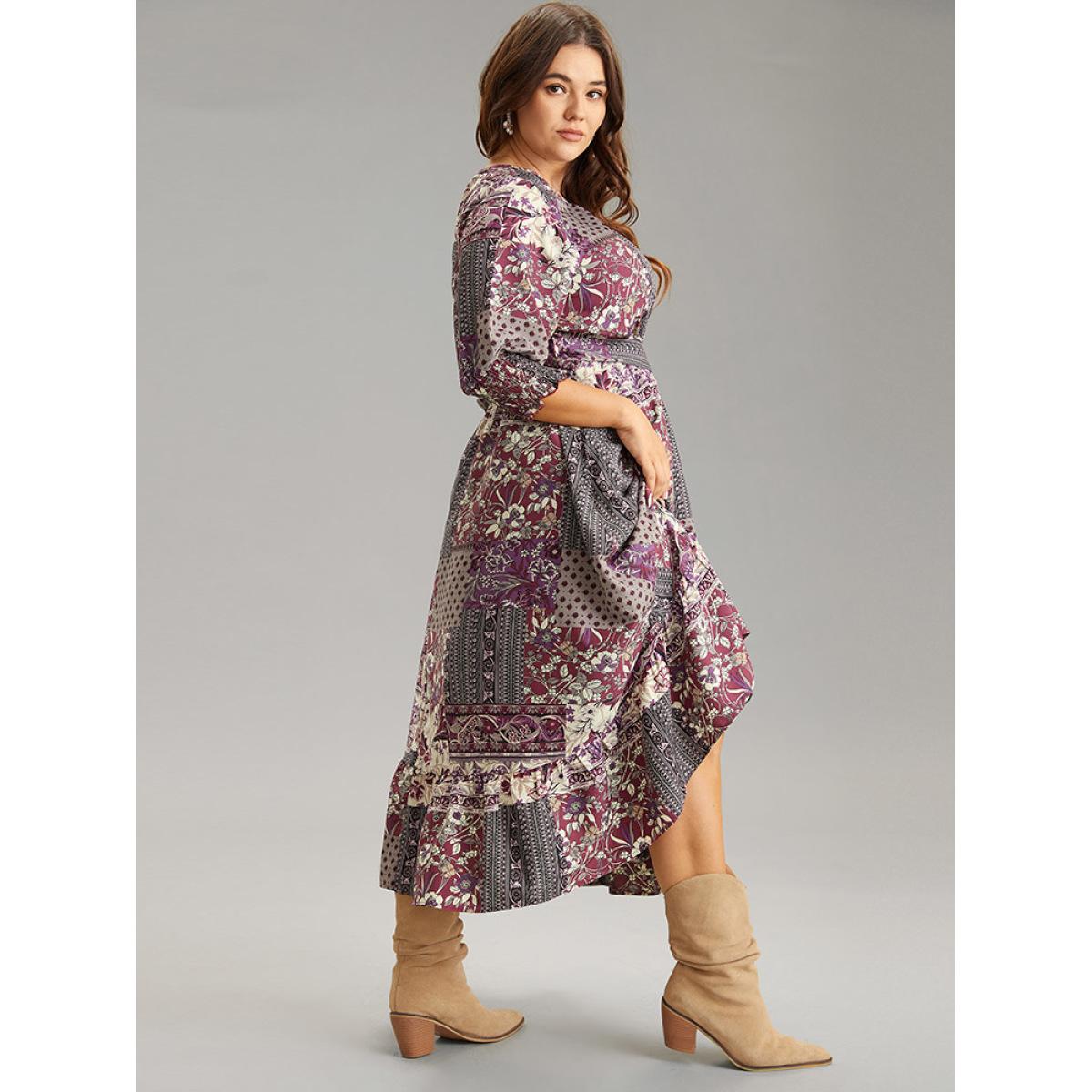 Plus Size Boho Print Belted Shirred Ruffle Layered Hem Dress Purple Women Vacation Belted Round Neck Elbow-length sleeve Curvy Midi Dress BloomChic 10/M Product Image