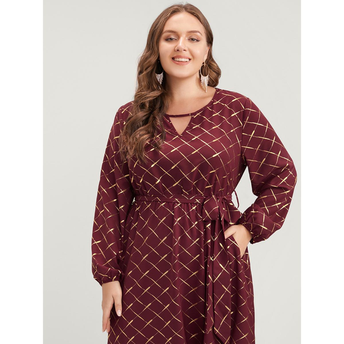 Plus Size Geometric Lantern Sleeve Pocket Keyhole Round Neck Belted Dress Scarlet Women Party Elastic Waist Round Neck Long Sleeve Curvy Midi Dress BloomChic 10/M Product Image