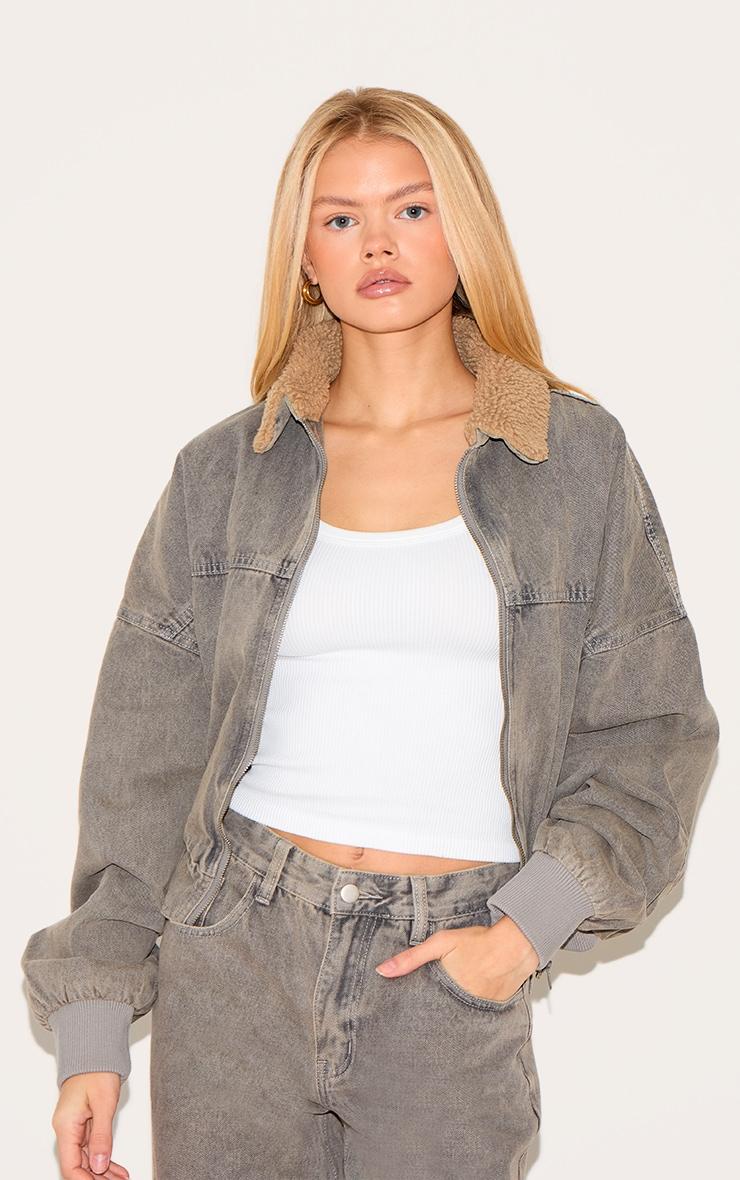 Light Grey Borg Collar Denim Bomber Jacket Product Image