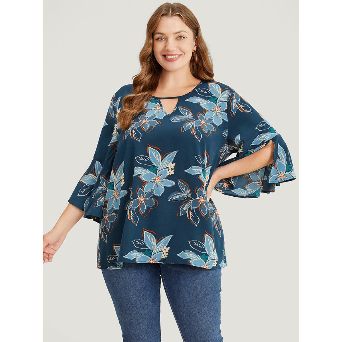 Plus Size Aegean Floral Print Keyhole Neck Split Bell Sleeve Blouse Women Elegant Elbow-length sleeve Round Neck Dailywear Blouses BloomChic 18-20/2X Product Image