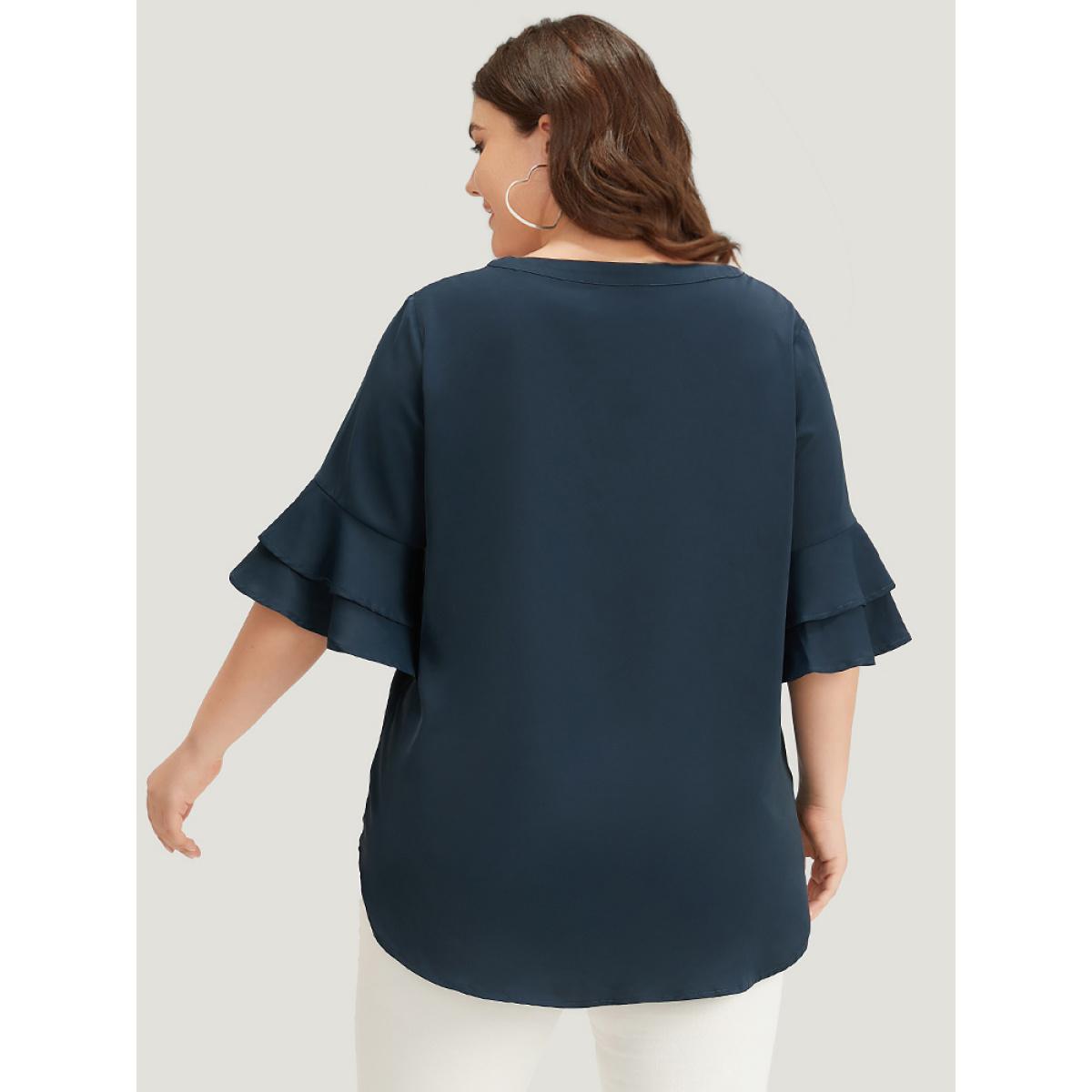 Plus Size Indigo Anti-Wrinkle Plain Keyhole Ruffle Layered Sleeve Blouse Women Office Half Sleeve Round Neck Work Blouses BloomChic 26/4X Product Image