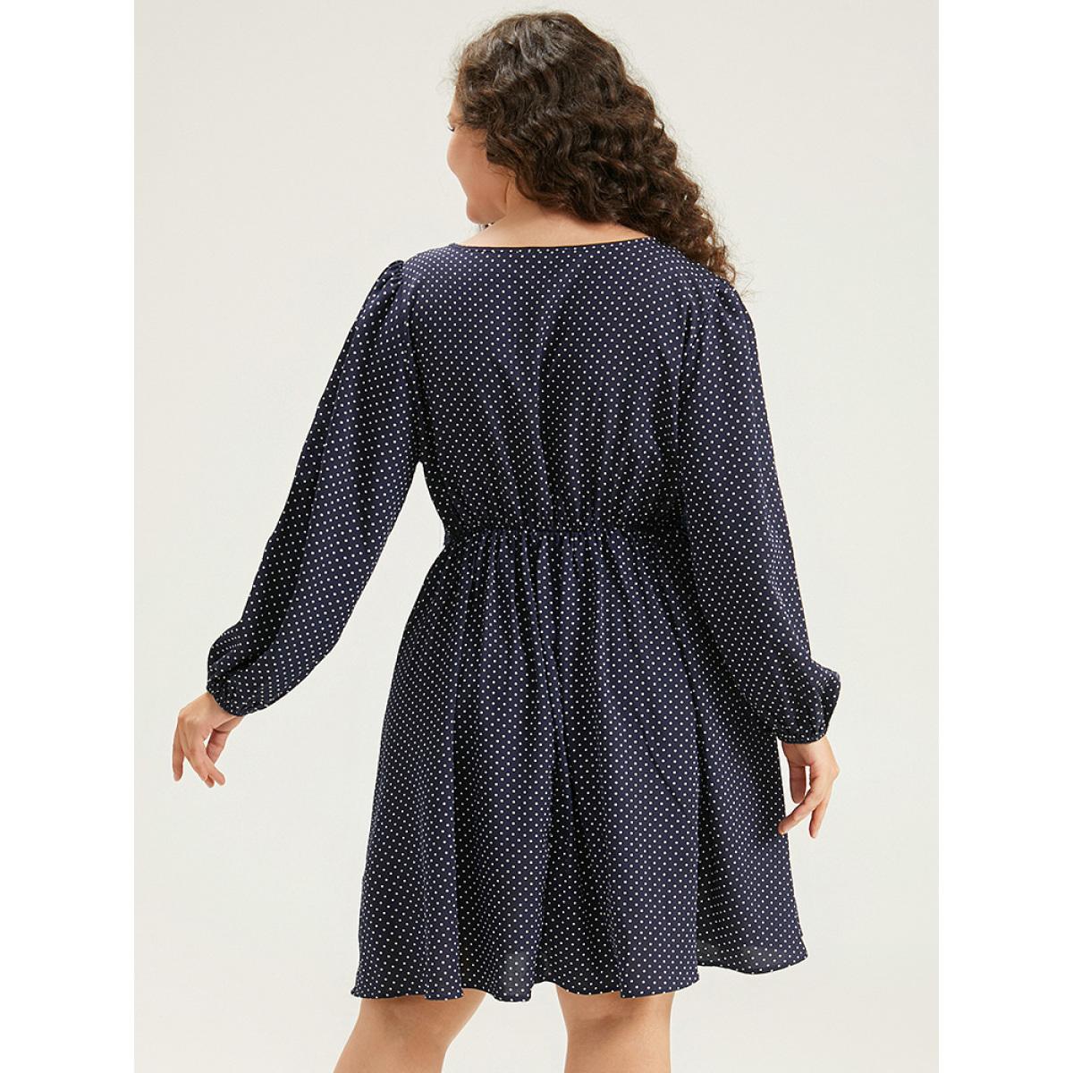 Plus Size Polka Dot Keyhole Lace Panel Dress Indigo Women Office Elastic cuffs Keyhole Cut-Out Long Sleeve Curvy Knee Dress BloomChic 14-16/1X Product Image
