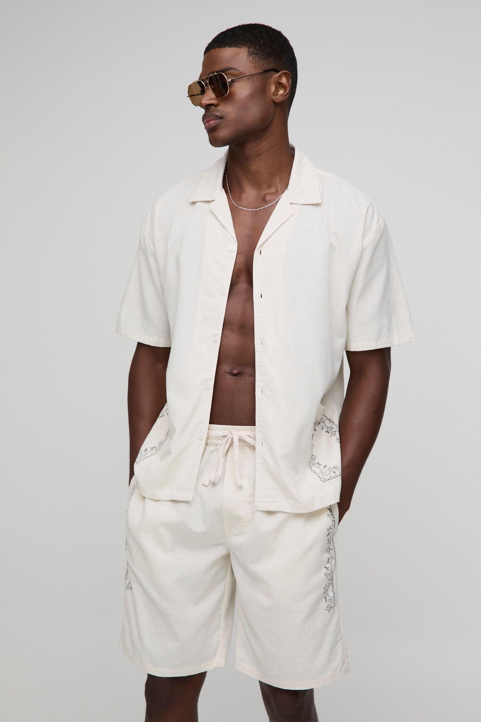 Oversized Pocket Detail Linen Blend Shirt & Short Set | boohooMAN USA Product Image