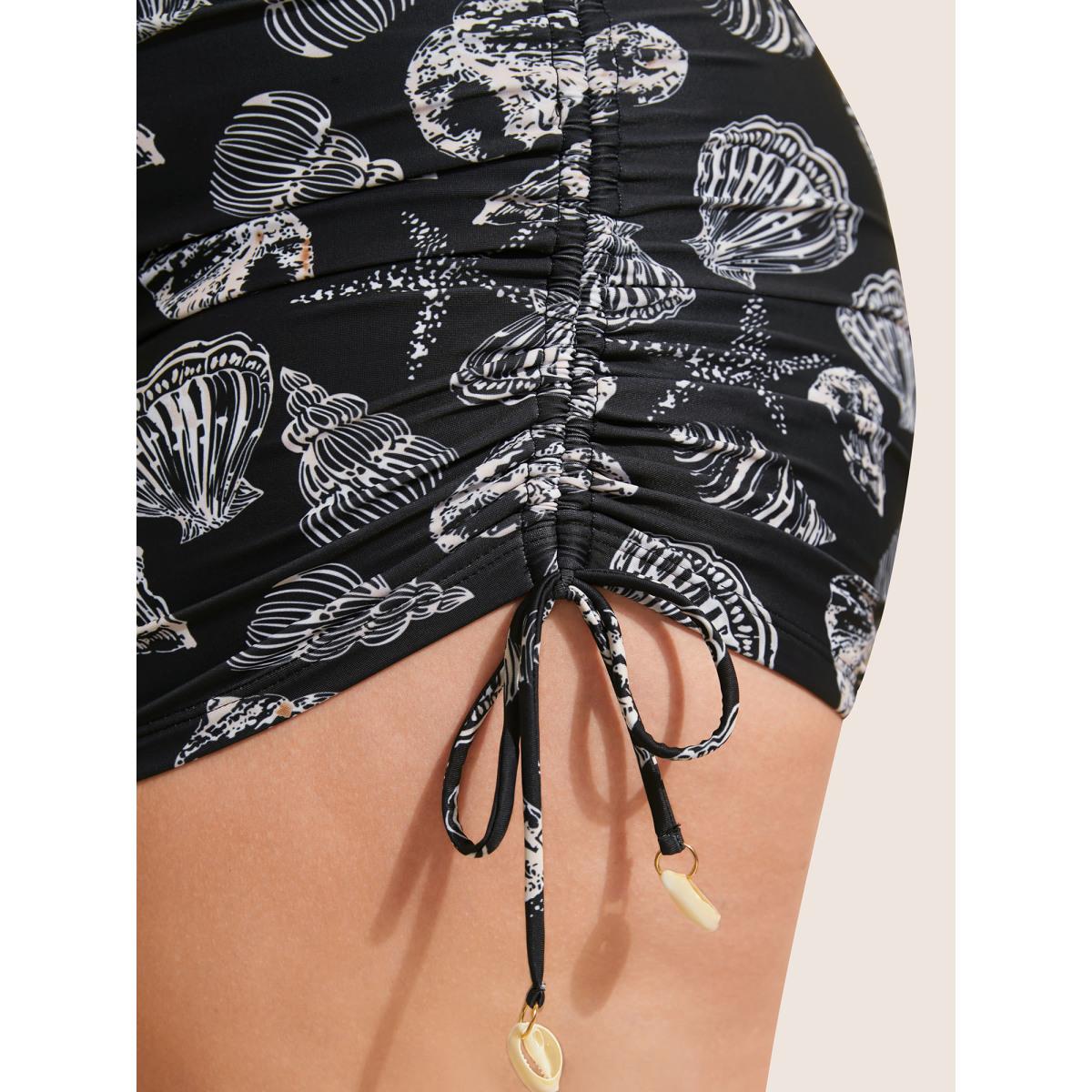 Plus Size Shell Print Drawstring Side Skinny Swim Bottom Women's Swimwear Black Beach Drawstring High stretch Skinny High Rise Curve Swim Bottoms BloomChic 14-16/1X Product Image
