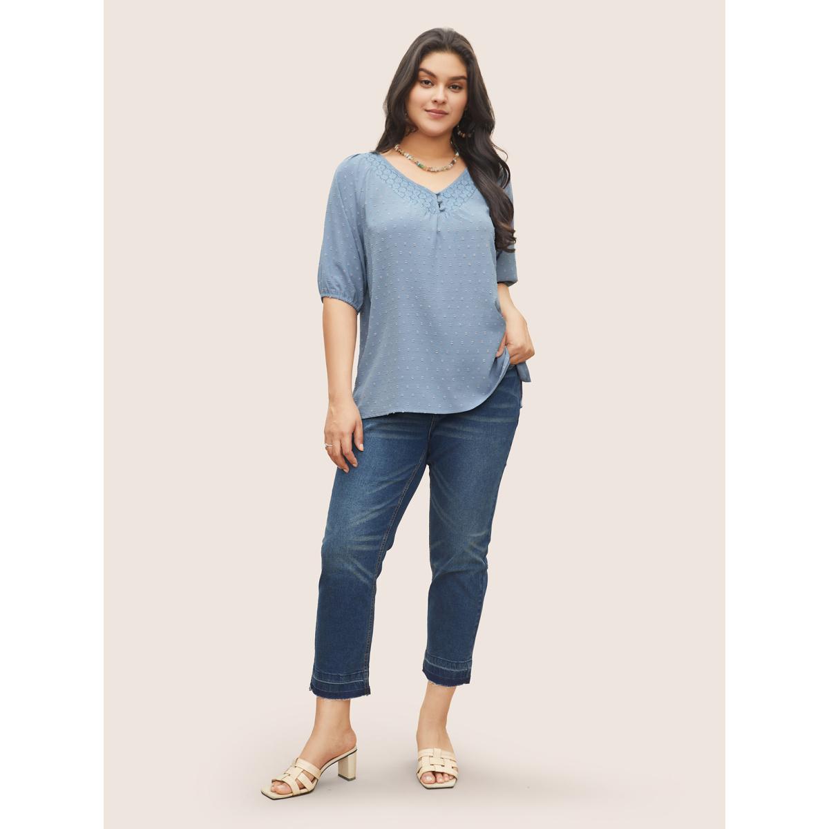 Plus Size Stone Plain Texture Lace Patchwork Lantern Sleeve Blouse Women Elegant Half Sleeve V-neck Everyday Blouses BloomChic 14-16/1X Product Image