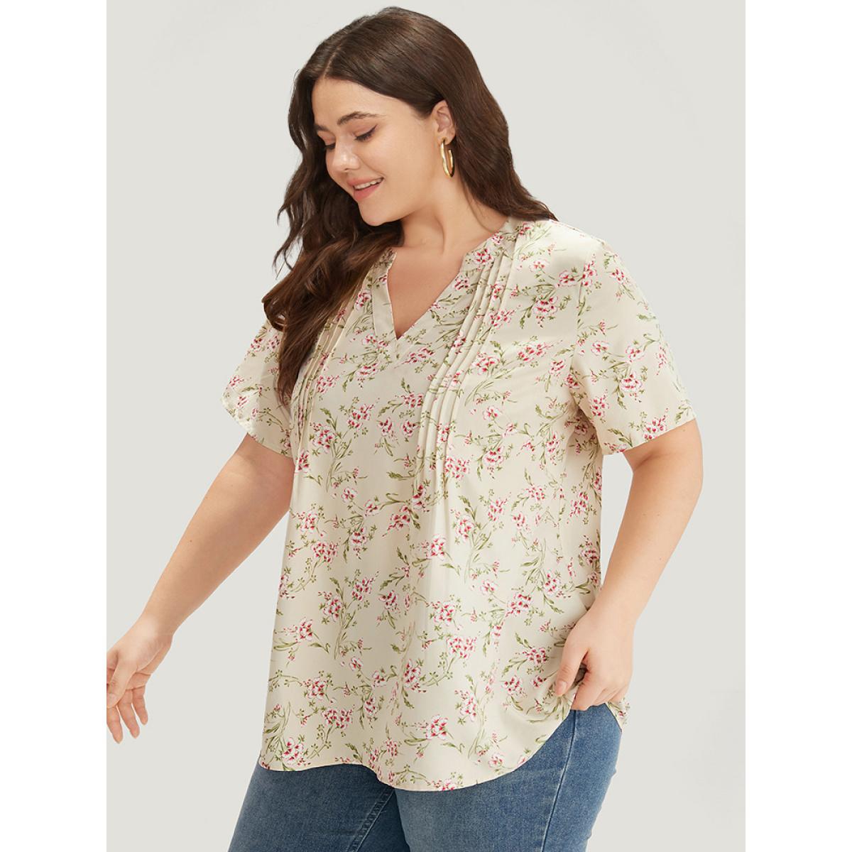 Plus Size Beige Floral Print Notched Pleated Detail Blouse Women Elegant Short sleeve Notched collar Dailywear Blouses BloomChic 12/L Product Image