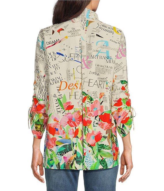 John Mark Novelty Floral Print Collar Neck 3/4 Sleeve Button Front Top Product Image