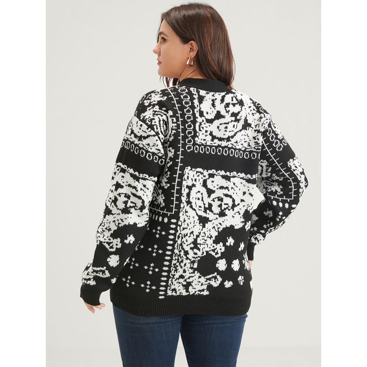 Plus Size Bandana Super Soft Knit Button Front Jacquard Cardigan BlackFlower Women Casual Long Sleeve Dailywear Cardigans BloomChic 22-24/3X Product Image