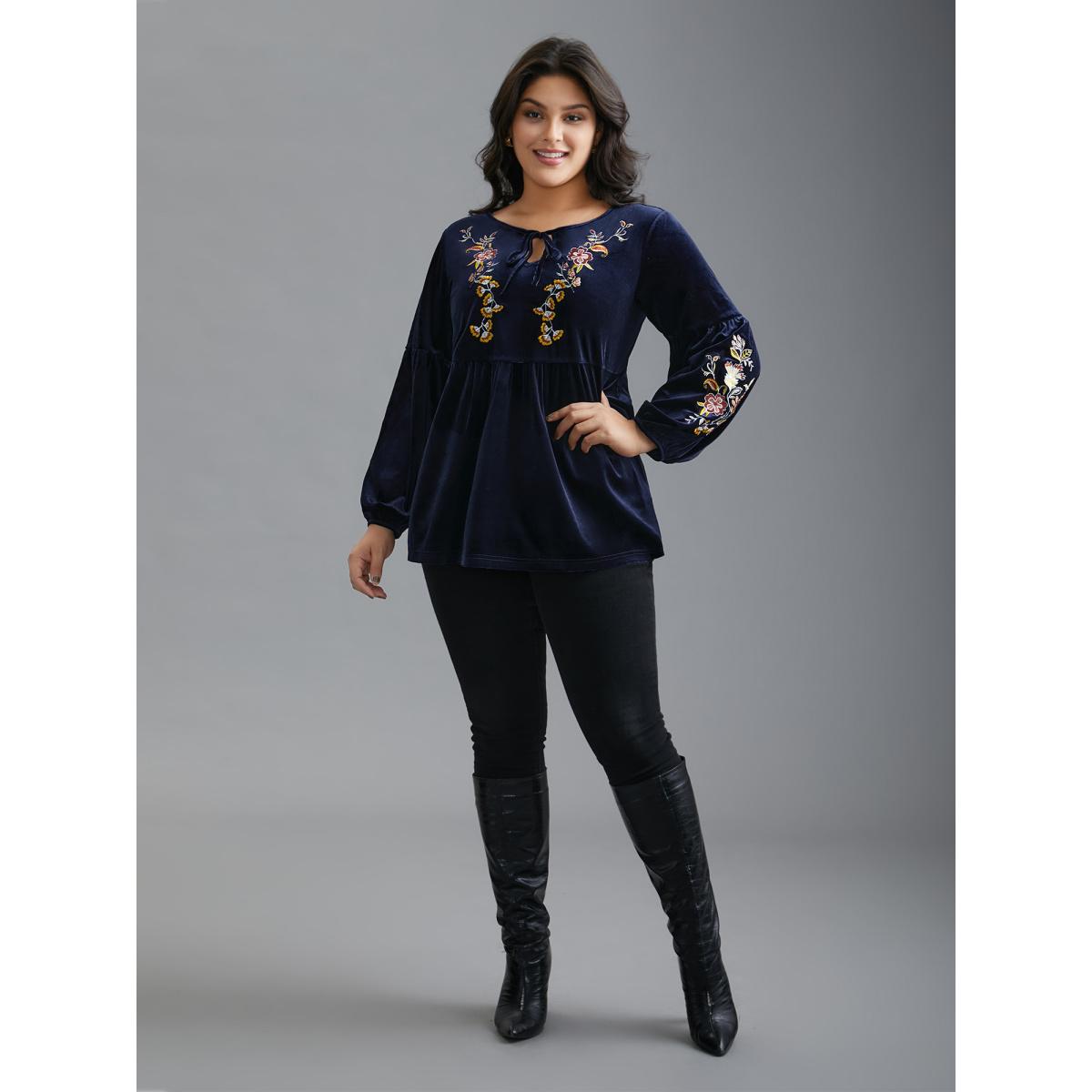 Plus Size Indigo Floral Embroidered Velvet Tie Knot Blouse Women Elegant Long Sleeve V-neck Everyday Blouses BloomChic 14-16/1X Product Image