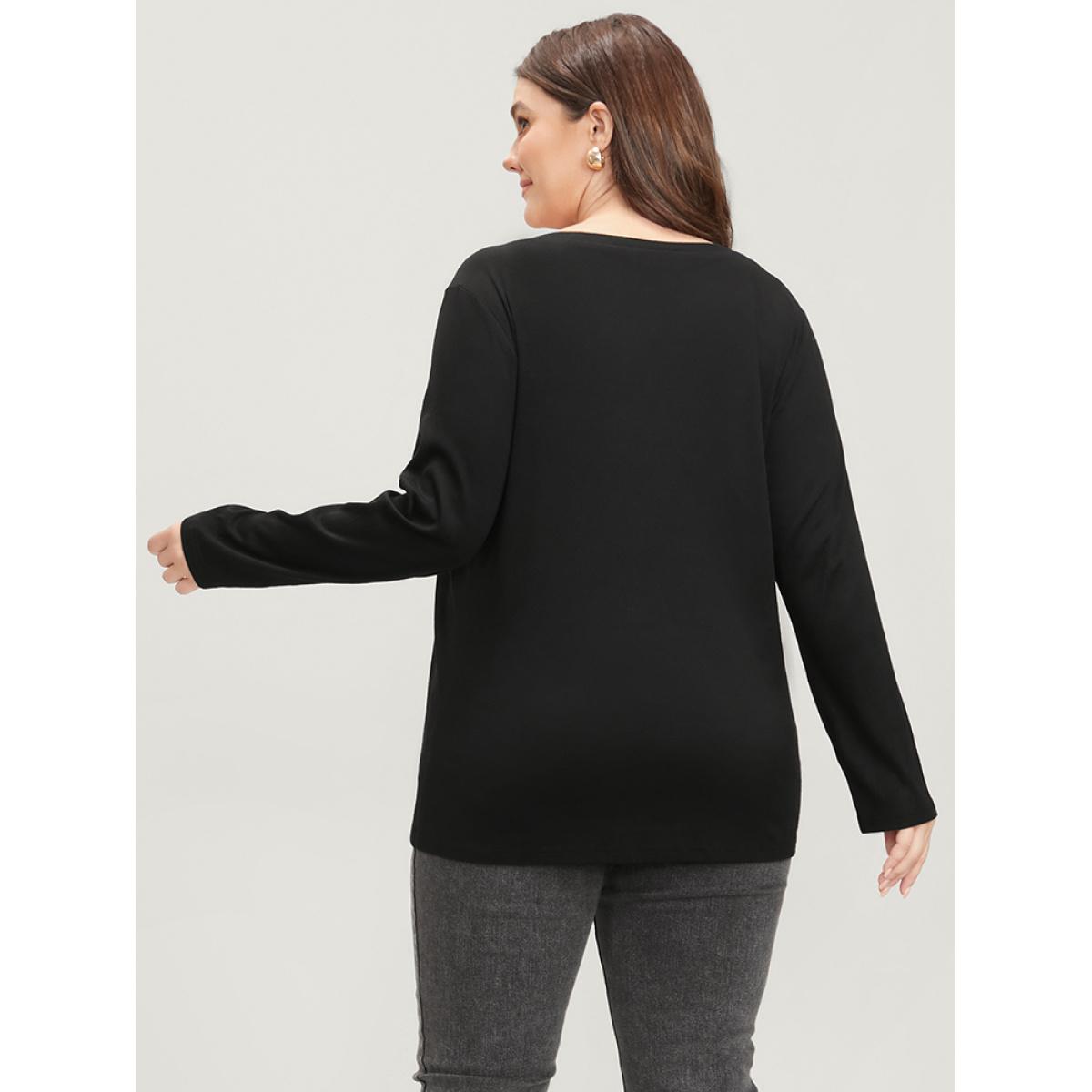 Plus Size Solid Button Detail V Neck Long Tee Black Women Elegant Button Plain V-neck Dailywear T-shirts BloomChic 26/4X Product Image