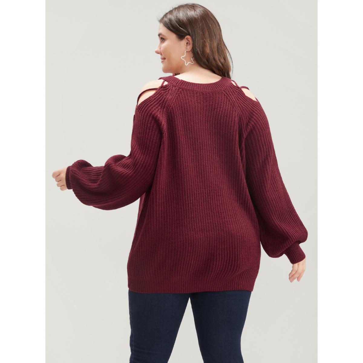 Plus Size Solid Pointelle Knit Cut Out Lantern Sleeve Knit Top Scarlet Women Elegant Loose Long Sleeve Round Neck Dailywear Pullovers BloomChic 22-24/3X Product Image