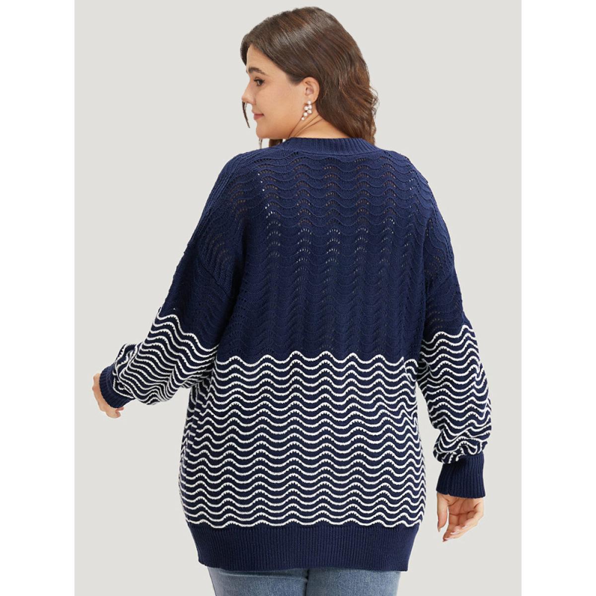 Plus Size Water Ripple Button Fly Elastic Cuffs Cardigan DarkBlue Women Casual Loose Long Sleeve Dailywear Cardigans BloomChic 28/5X Product Image