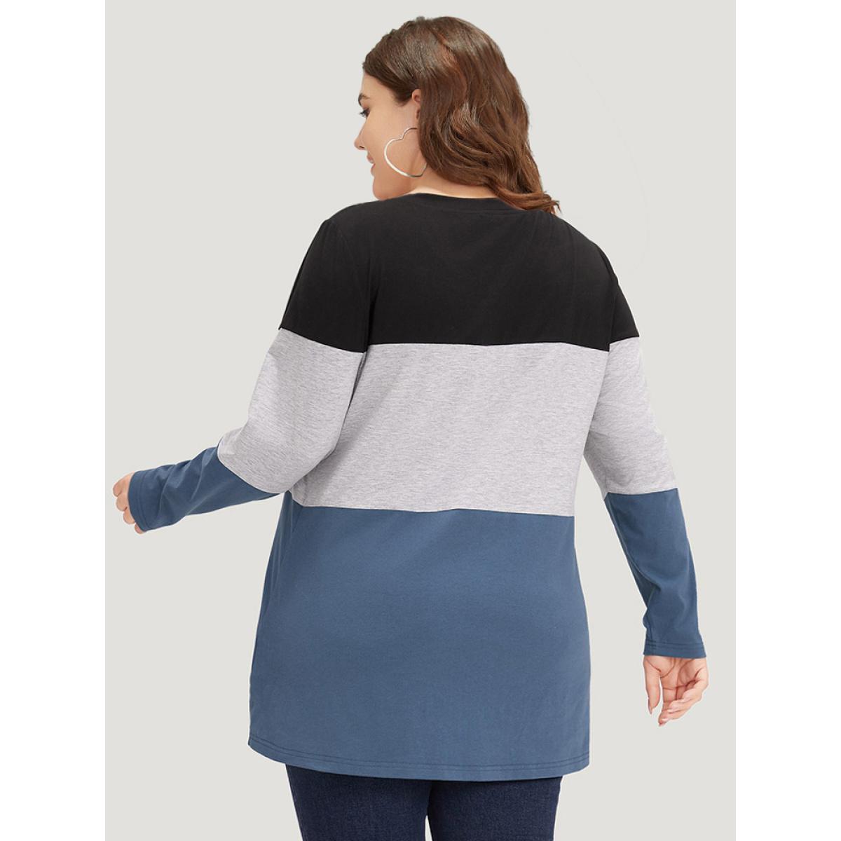 Plus Size Round Neck Twist Front Patchwork Contrast T-shirt Multicolor Women Casual Contrast Plain Round Neck Dailywear T-shirts BloomChic 12/L Product Image