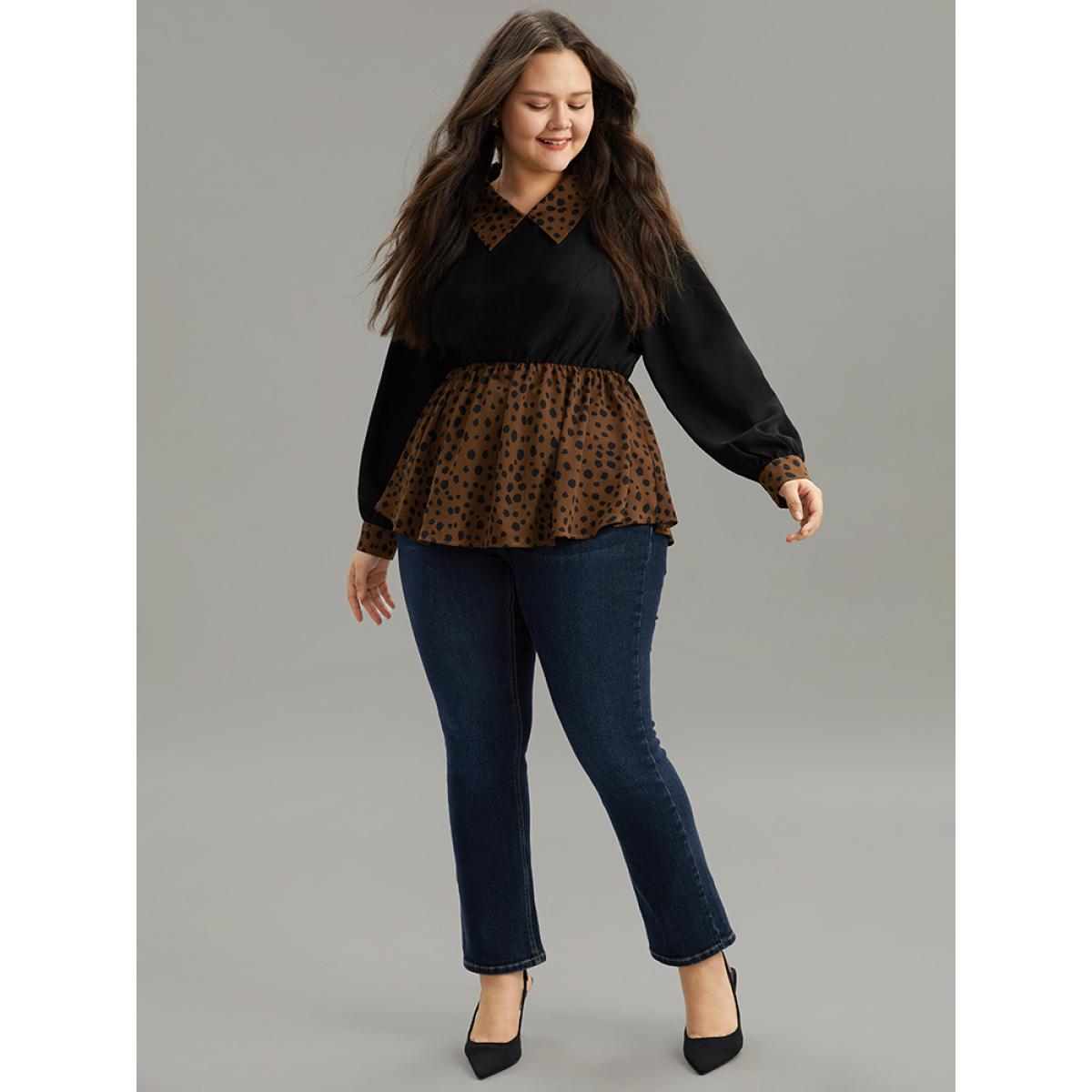 Plus Size Black Leopard Patchwork Elastic Waist Blouse Women Elegant Long Sleeve Lapel Collar Dailywear Blouses BloomChic 18-20/2X Product Image