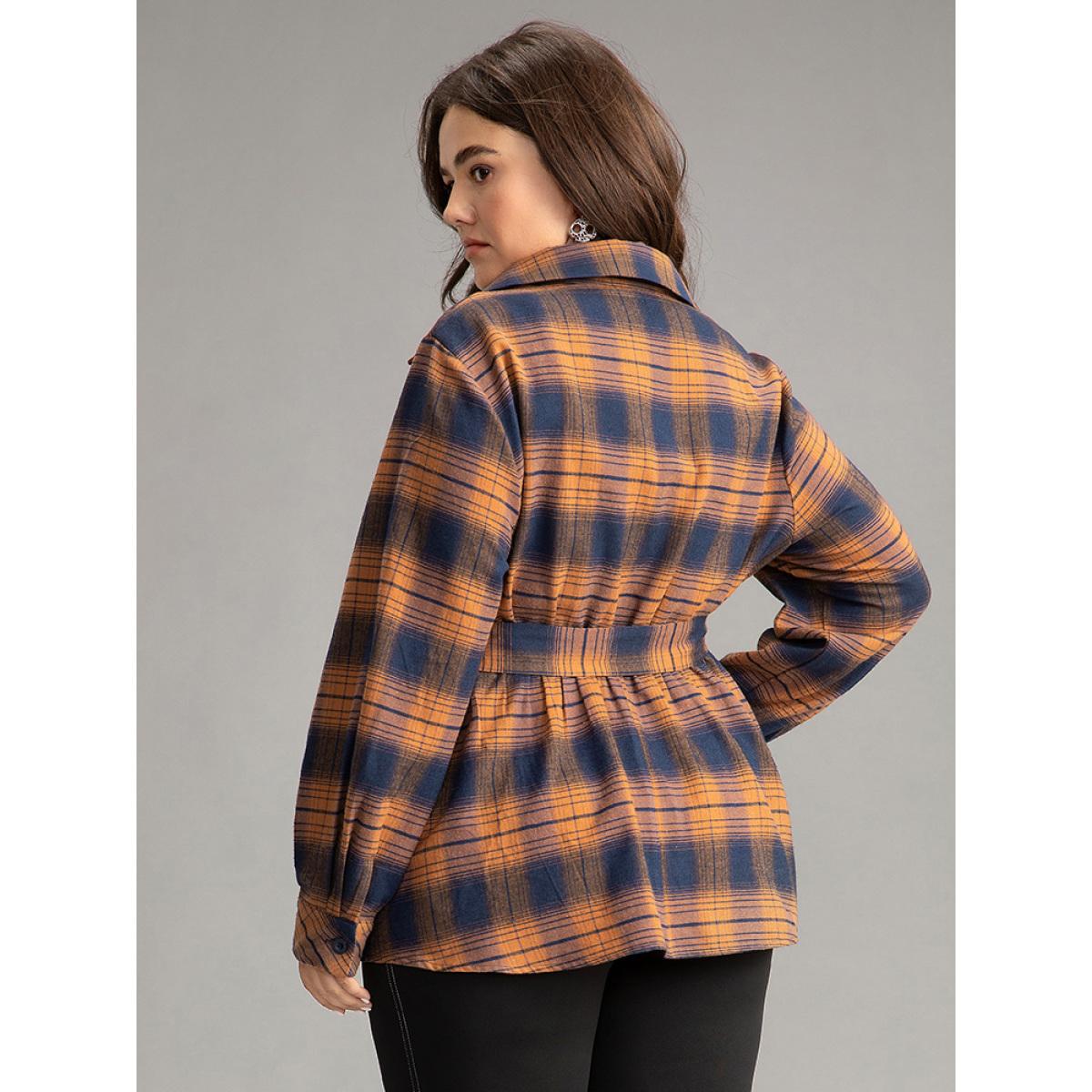 Plus Size Chocolate Plaid Elastic Waist Shirt Collar Blouse Women Elegant Long Sleeve Shirt collar Dailywear Blouses BloomChic 10/M Product Image