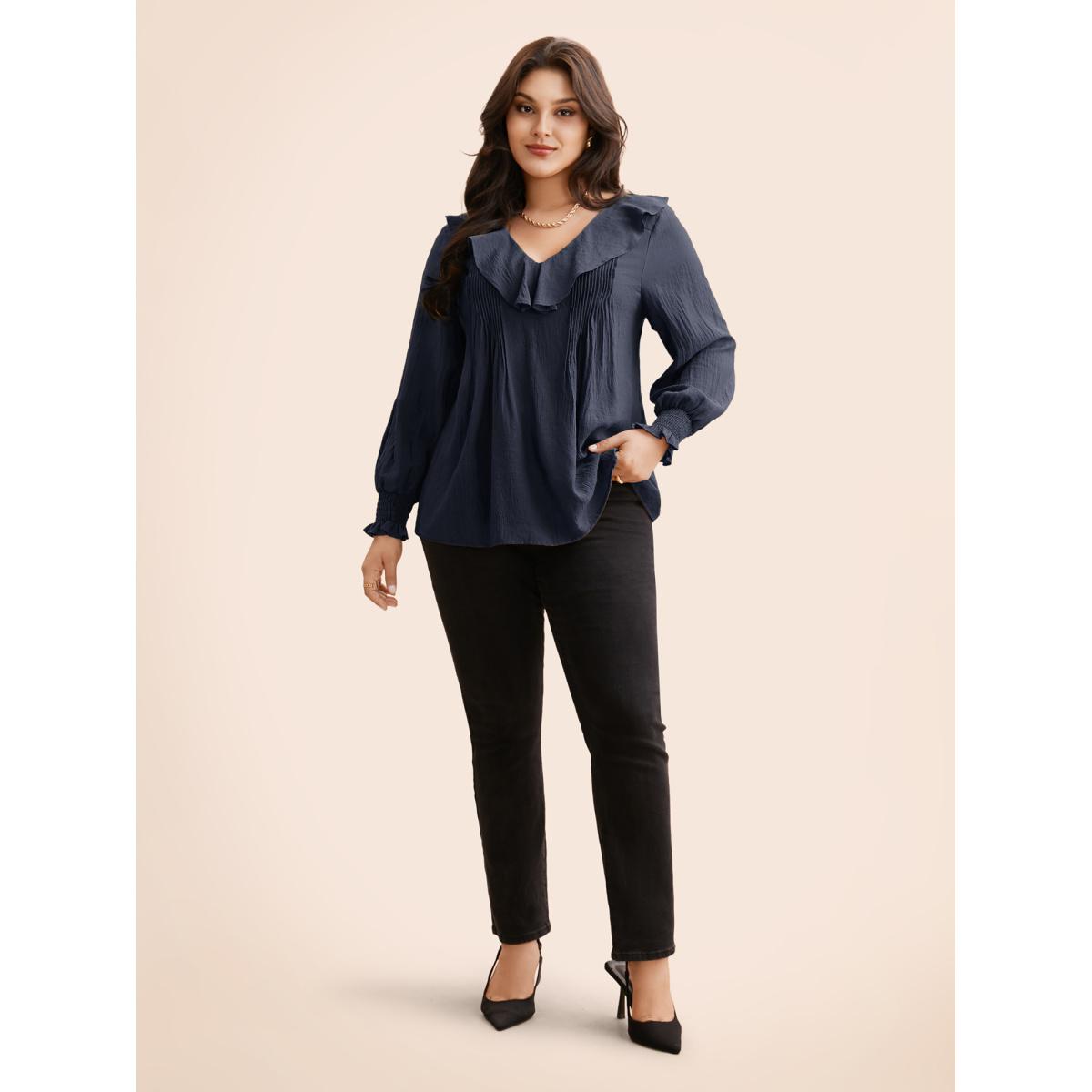 Plus Size Indigo Solid Texture Pleated Ruffle Trim Blouse Women Elegant Long Sleeve Deep V-neck Everyday Blouses BloomChic 28/5X Product Image