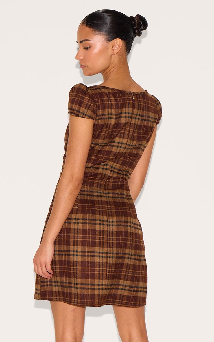 Petite Brown Checked Front Tie Mini Dress Product Image
