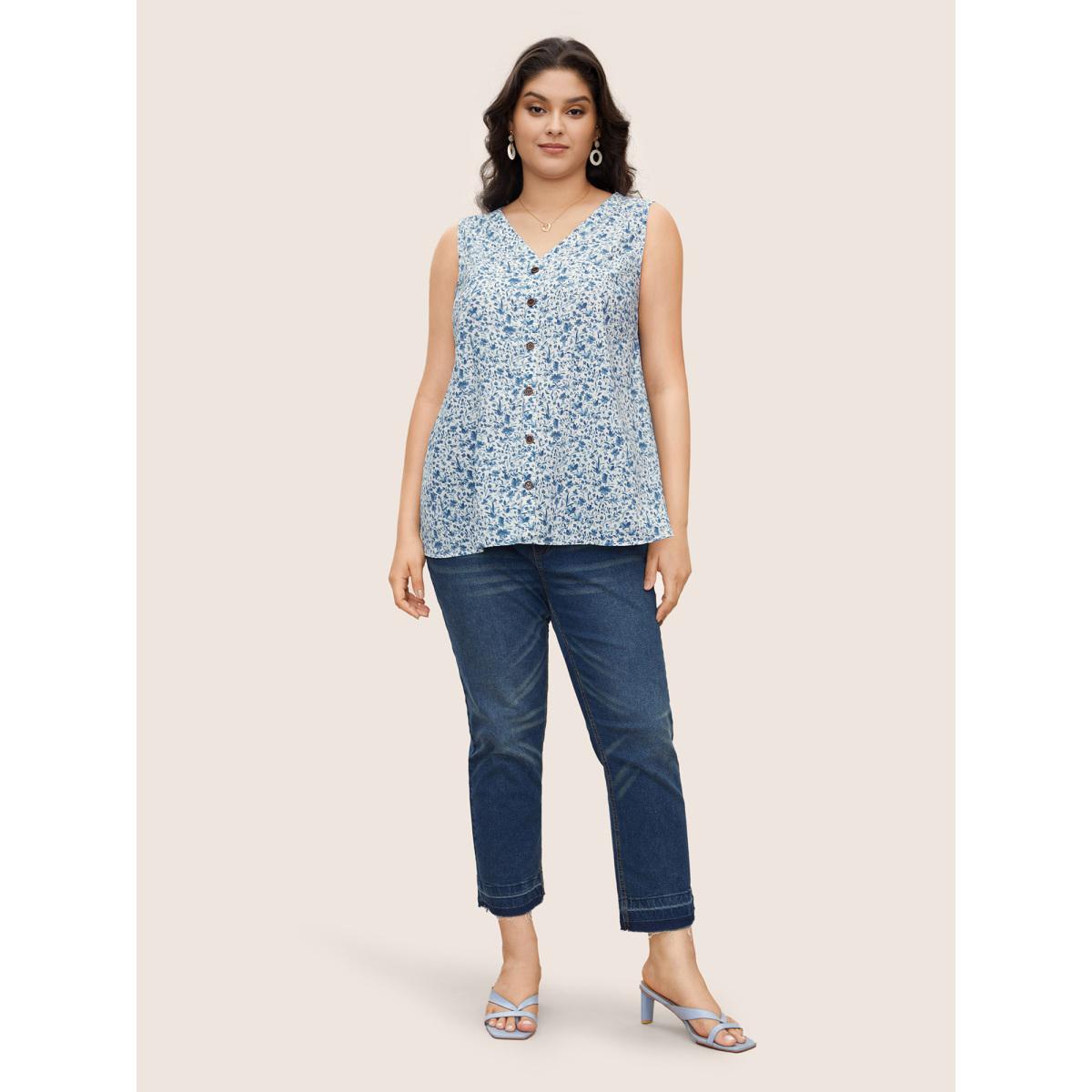 Plus Size Ditsy Floral Sleeveless Button Detail Tank Top Women LightBlue Casual Button V-neck Everyday Tank Tops Camis BloomChic 12/L Product Image