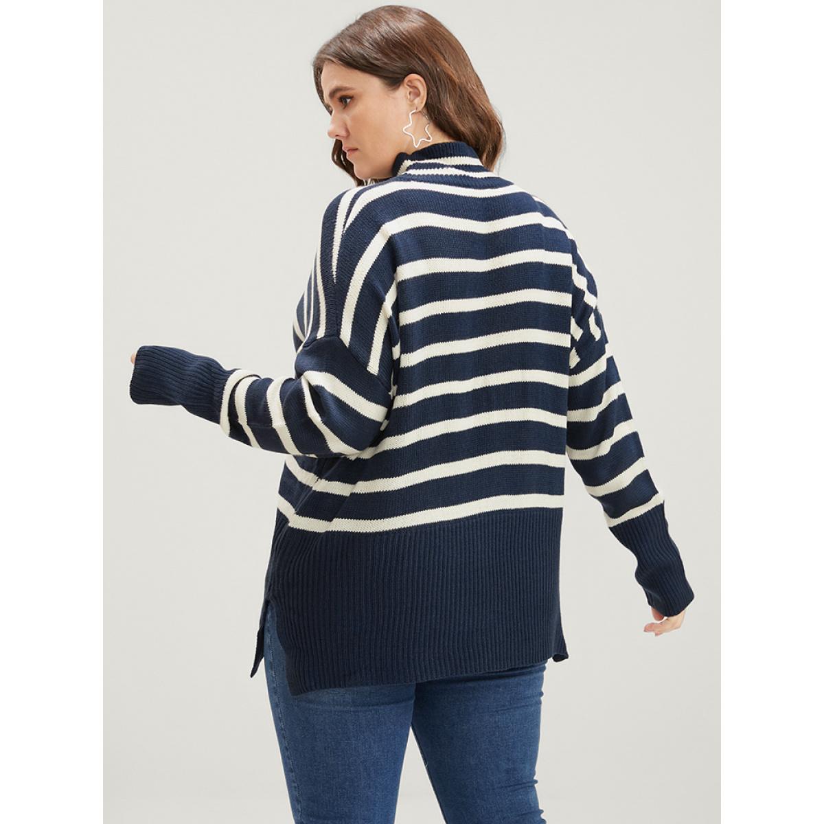 Plus Size Striped Contrast Pointelle Knit Split Hem Mock Neck Knit Top DarkBlue Women Casual Loose Long Sleeve Mock Neck Dailywear Pullovers BloomChic 26/4X Product Image