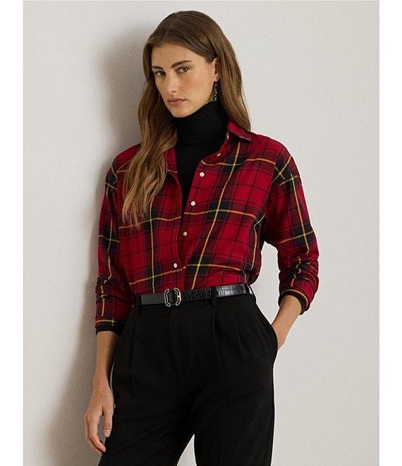 Lauren Ralph Lauren Petite Size Checked Plaid Point Collar Long Sleeve Button-Front Shirt Product Image