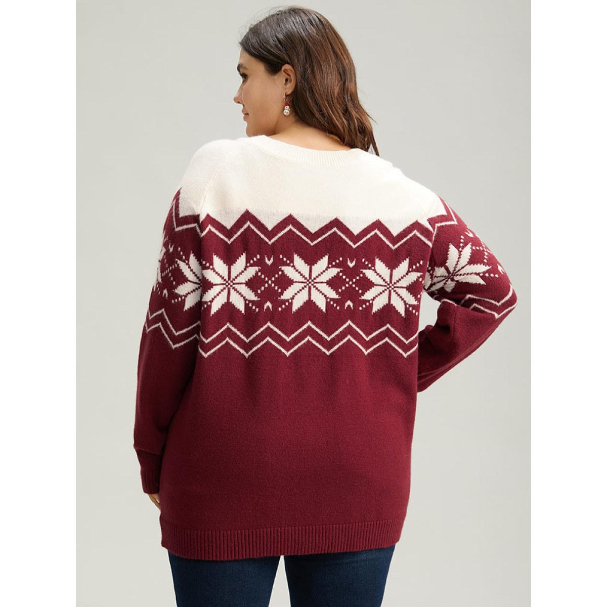 Plus Size Supersoft Essentials Snowflake Colorblock Pullover Scarlet Women Casual Loose Long Sleeve Round Neck Festival-Christmas Pullovers BloomChic 18-20/2X Product Image