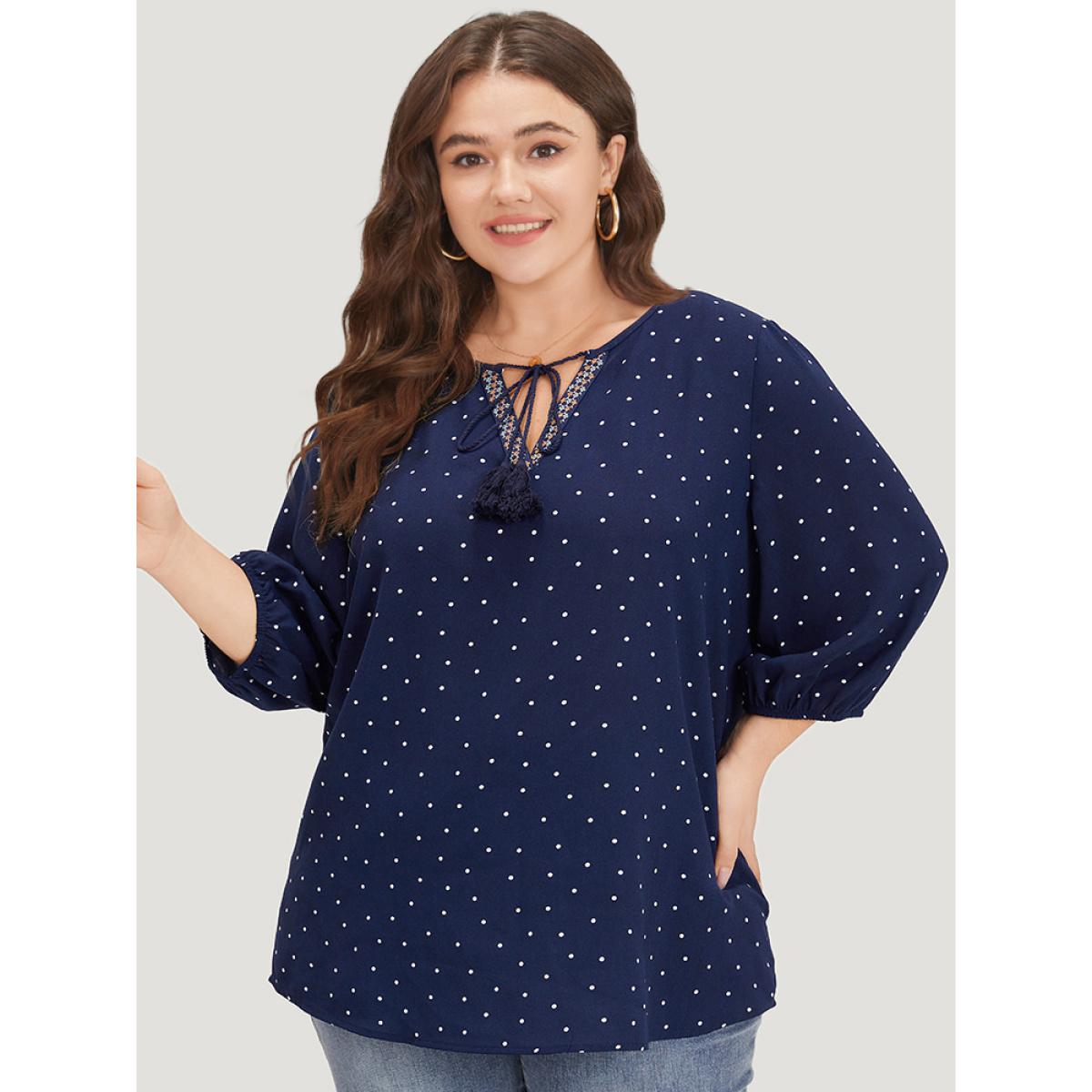 Plus Size Indigo Polka Dot Tassels Ties Elastic Cuffs Blouse Women Vacation Elbow-length sleeve V-neck Vacation Blouses BloomChic 30/6X Product Image