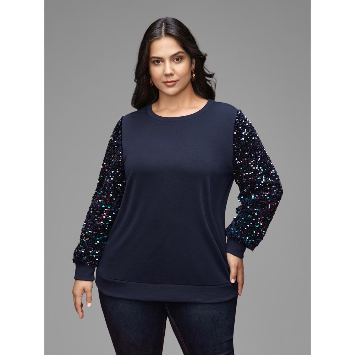 Plus Size Sequin Sleeves Velvet Panel Sweatshirt Women Indigo Casual Patchwork Round Neck Everyday Sweatshirts BloomChic 28/5X Product Image