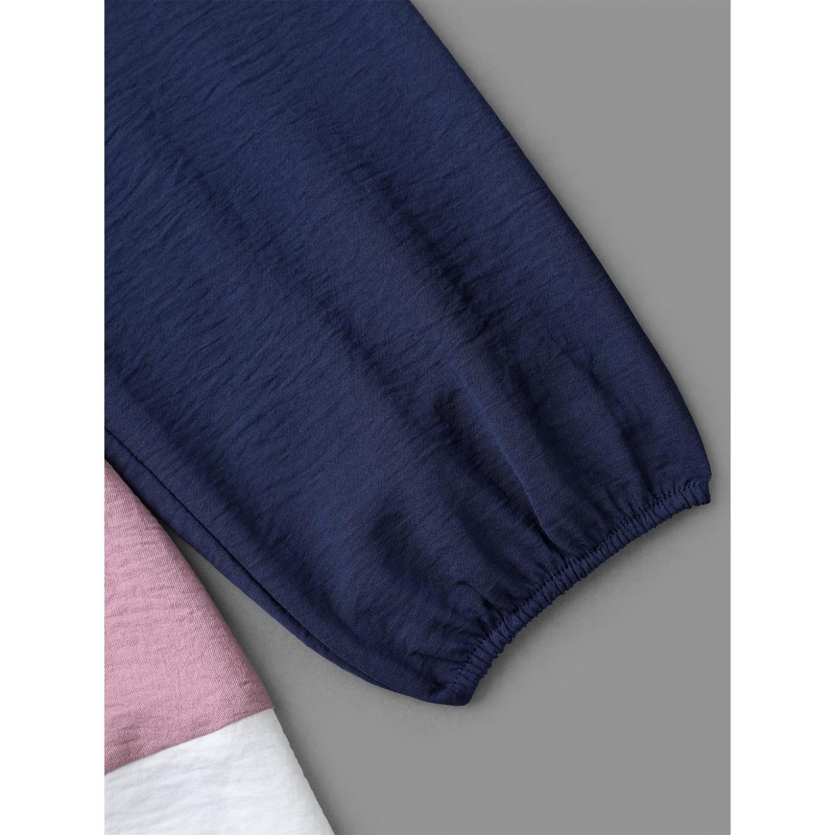 Plus Size Indigo Color Contrast High Low Hem Patchwork Blouse Women Elegant Extra Long Sleeve Round Neck Everyday Blouses BloomChic 12/L Product Image