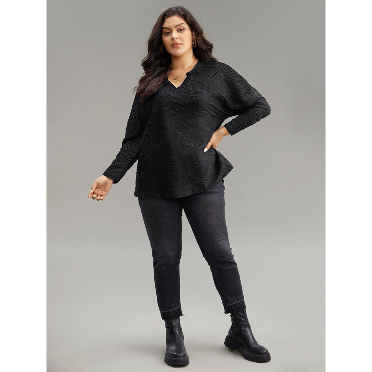 Plus Size Plisse Solid Notched Long Sleeve T-shirt Black Women Casual Texture Plain Notched collar Dailywear T-shirts BloomChic 12/L Product Image