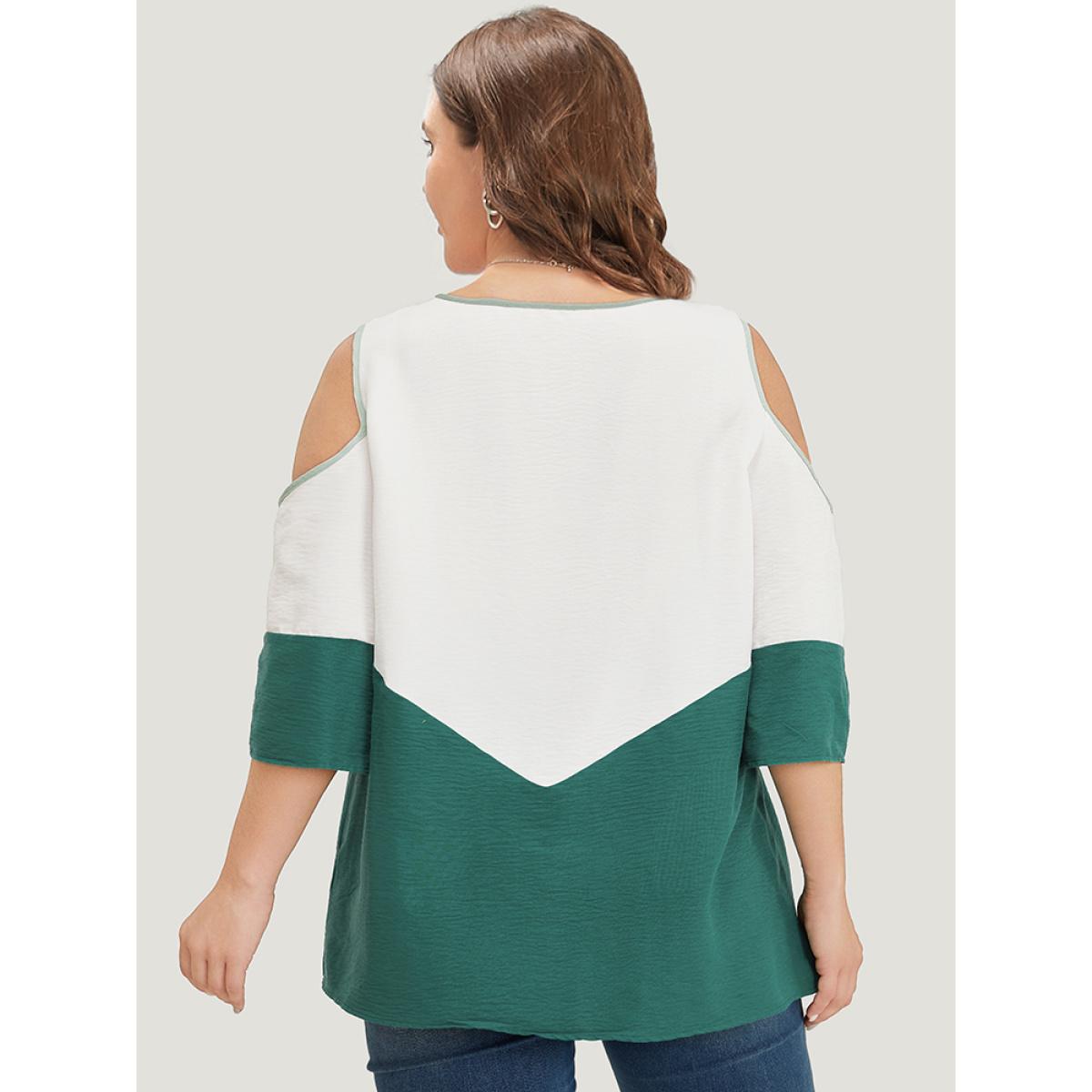 Plus Size Mint Color Block Contrast Trim Cold Shoulder Blouse Women Vacation Elbow-length sleeve Cold Shoulder Dailywear Blouses BloomChic 22-24/3X Product Image