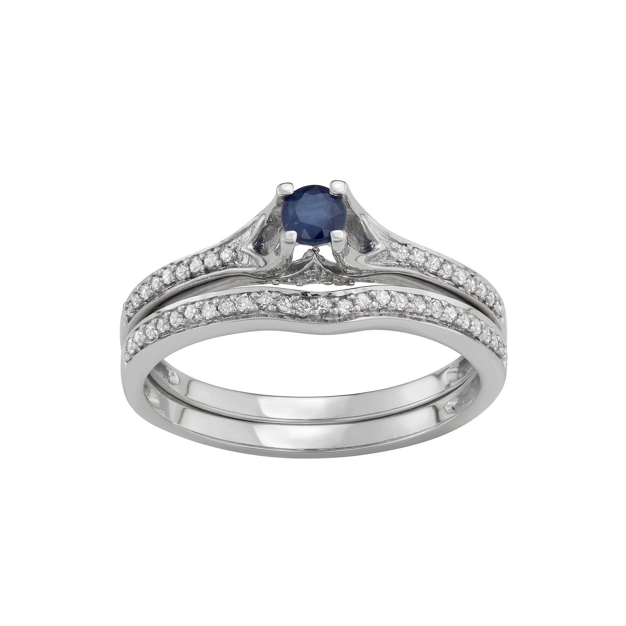 14k White Gold 1/3 Carat T.W. Diamond & Gemstone Engagement Ring Set, Women's, Size: 8, Blue Blue Product Image