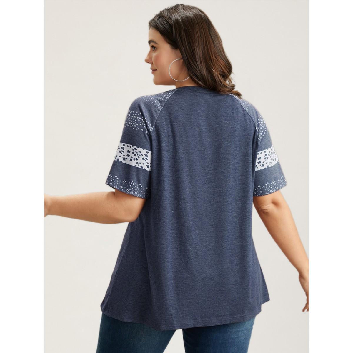 Plus Size Ditsy Floral Colorblock Contrast Raglan Sleeve T-shirt Russet Women Leisure Contrast Ditsy Floral V-neck Casual T-shirts BloomChic 30/6X Product Image