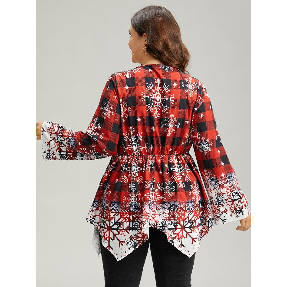 Plus Size Scarlet Oh-so-Chilly Plaid Ties Hanky Hem Blouse Women Elegant Long Sleeve V-neck Festival-Christmas Blouses BloomChic 28/5X Product Image