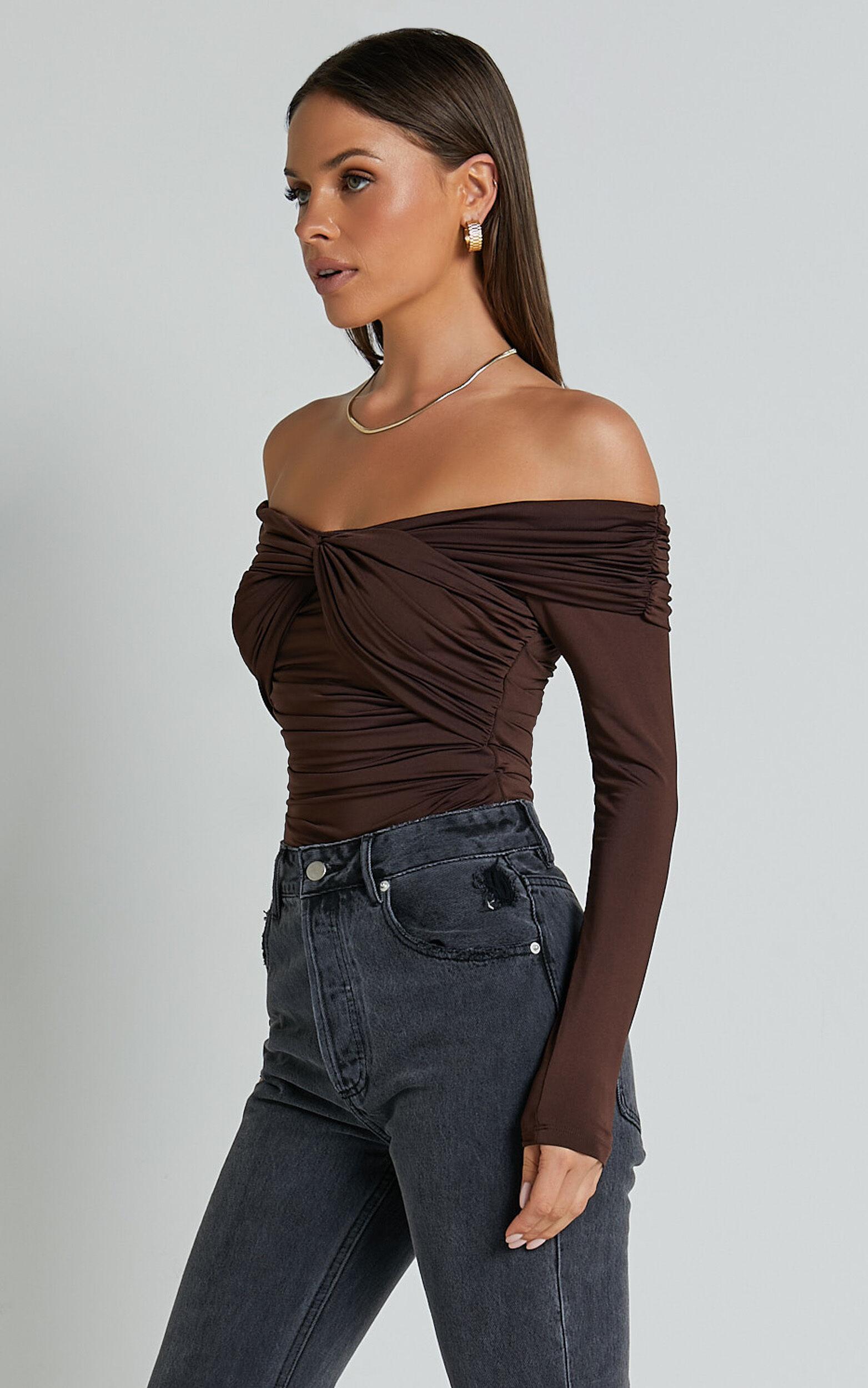 Shamaira Bodysuit - Twist Front Off Shoulder Long Sleeve in Brown Product Image