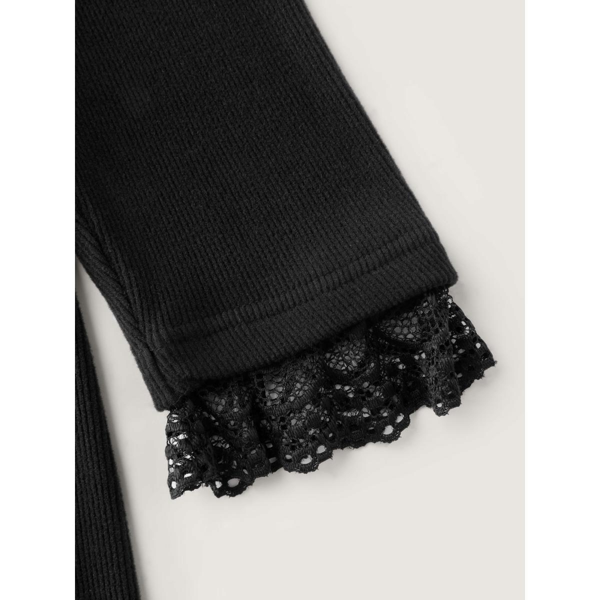 Plus Size Sheer Lace Trim Mock Neck Ribbed T-Shirt Black Women Timeless Stand-up collar Elegant T-shirts BloomChic 12/L Product Image