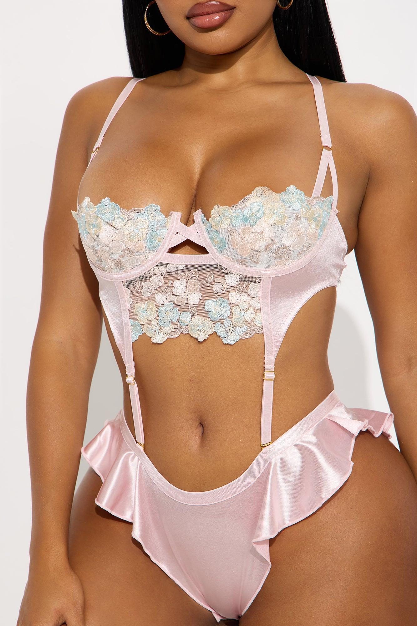 Brittney Embroideried Lace Underwire Satin Romper  - Pink Female Product Image